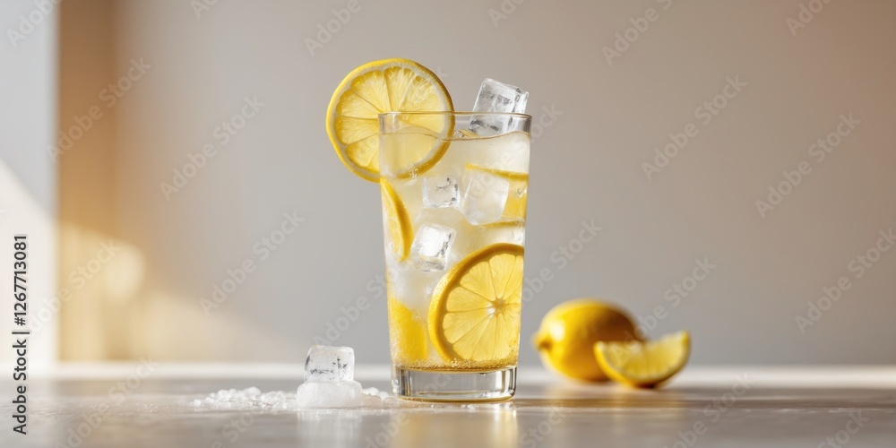 Poster refreshing lemon drink in a glass with ice and lemon slices on a light background with copy space