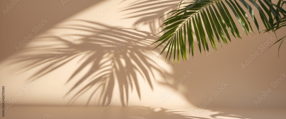 Poster green palm leaves casting intricate shadows on a textured beige wall in a minimalistic setting with 