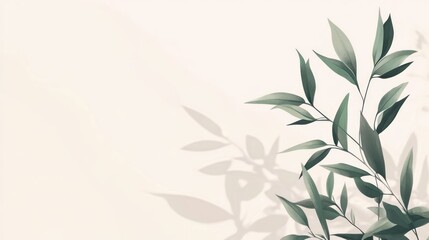 Elegant green leaves with shadow on beige background.