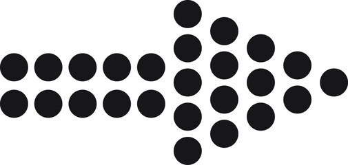 Simple black arrow pointing to the right made of aligned circles of different sizes over a white background representing direction, progress and movement