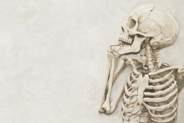 Fototapeta premium Human skeleton model in a thoughtful pose against a neutral background showcasing anatomical features clearly. Generative AI