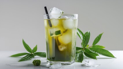 Fototapeta premium Cold green beverage with ice in a glass, fresh mint leaves and green foliage on a light background, Copy Space available.