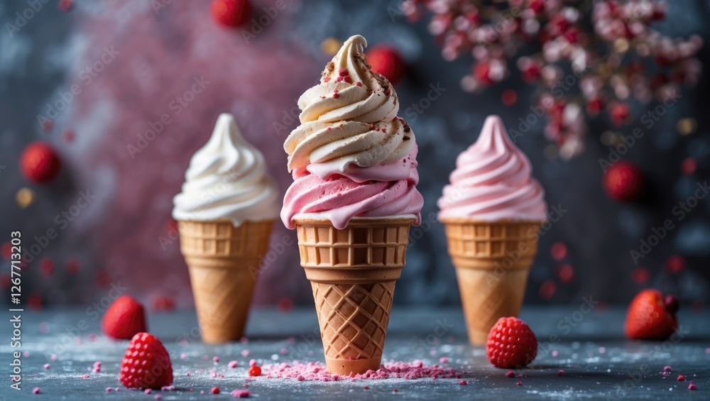 Poster ice cream cones with swirled soft serve and fresh strawberries on a textured surface with scattered 