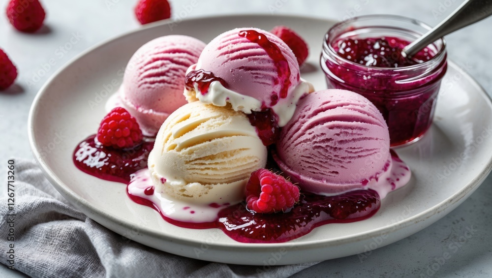 Poster Three scoops of ice cream with raspberry sauce and fresh raspberries served on a plate with copy space for text