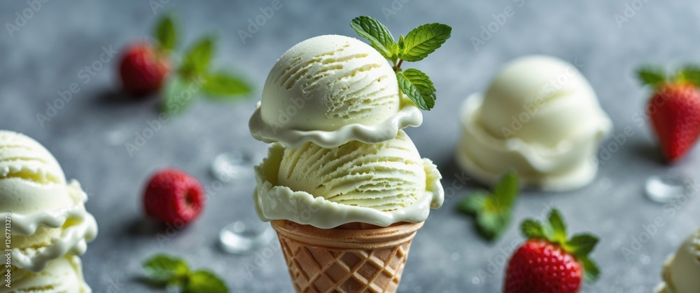 Poster vanilla ice cream in a waffle cone with fresh strawberries and raspberries on a textured gray backgr