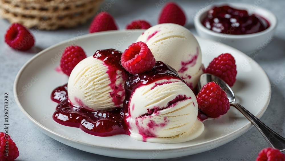Poster vanilla ice cream scoops topped with raspberry sauce and fresh raspberries served on a white plate w