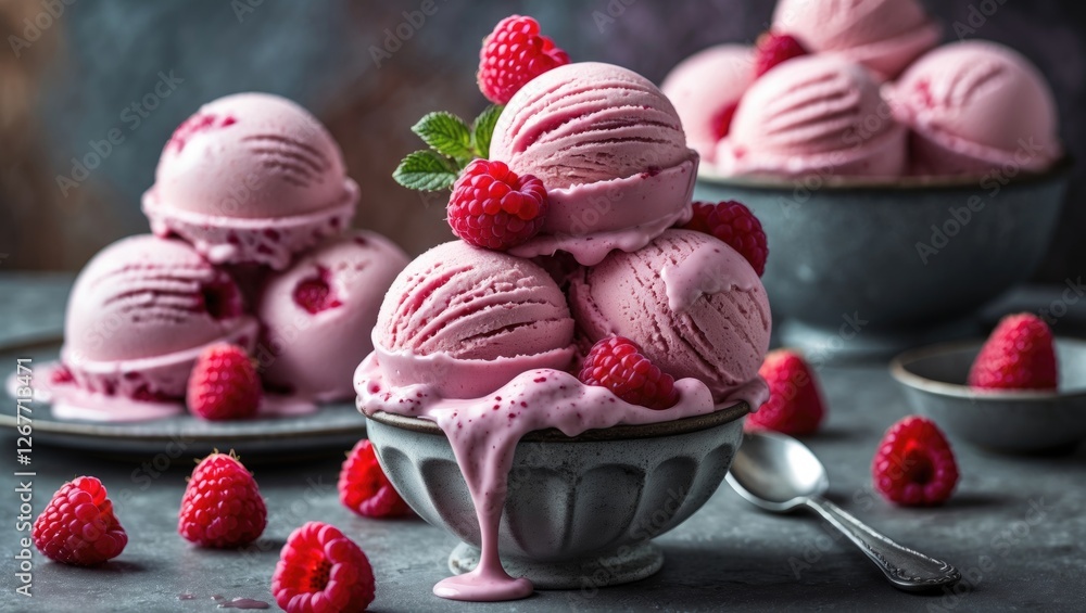 Aufkleber pink raspberry ice cream scoops with fresh raspberries placed in a decorative bowl on a dark texture