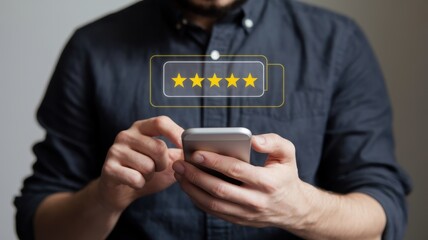 Person gives five star rating using mobile smartphone device