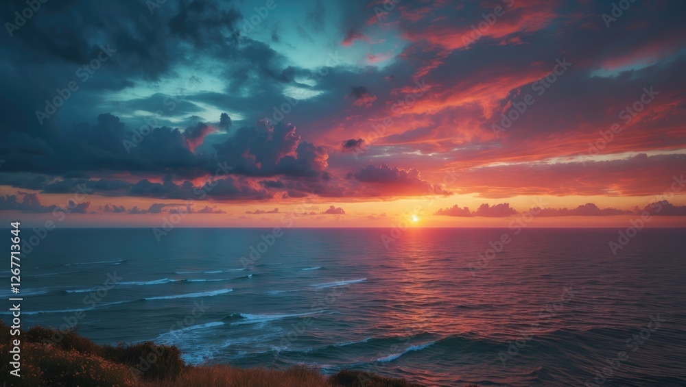 Aufkleber vibrant sunset over ocean waves with dramatic clouds and colorful sky reflected in water with ample 