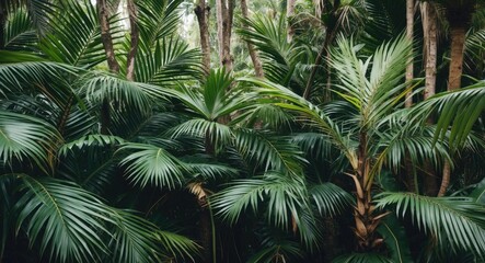 Fototapeta premium Dense tropical foliage with various palm leaves and trees in a lush rainforest setting Copy Space