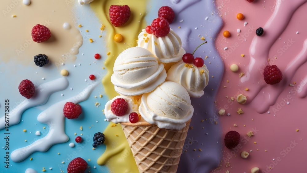 Poster ice cream cone with three scoops topped with raspberries and cherries on colorful background with me