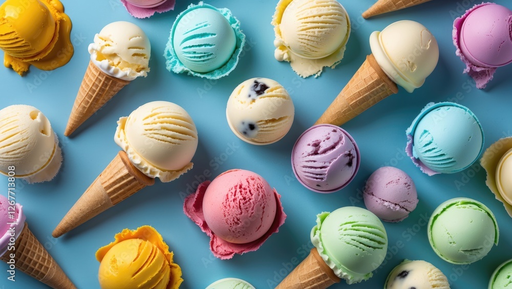 Poster variety of colorful ice cream scoops and cones arranged on a blue background showcasing different fl