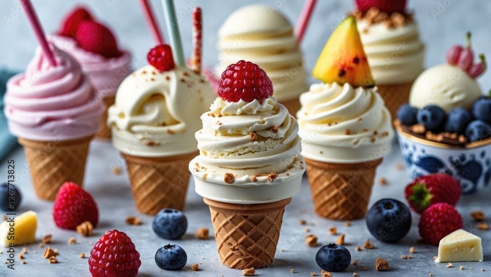Poster assorted ice cream cones topped with fresh fruit and sprinkles arranged on a table with berries and 