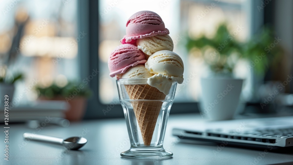 Aufkleber ice cream cone with multiple scoops of pink and white ice cream in a glass on a table with plants an