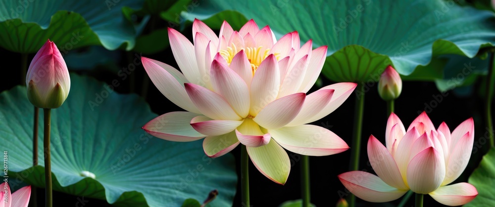 Aufkleber lotus flowers in full bloom surrounded by green lily pads with soft-focus background and copy space 