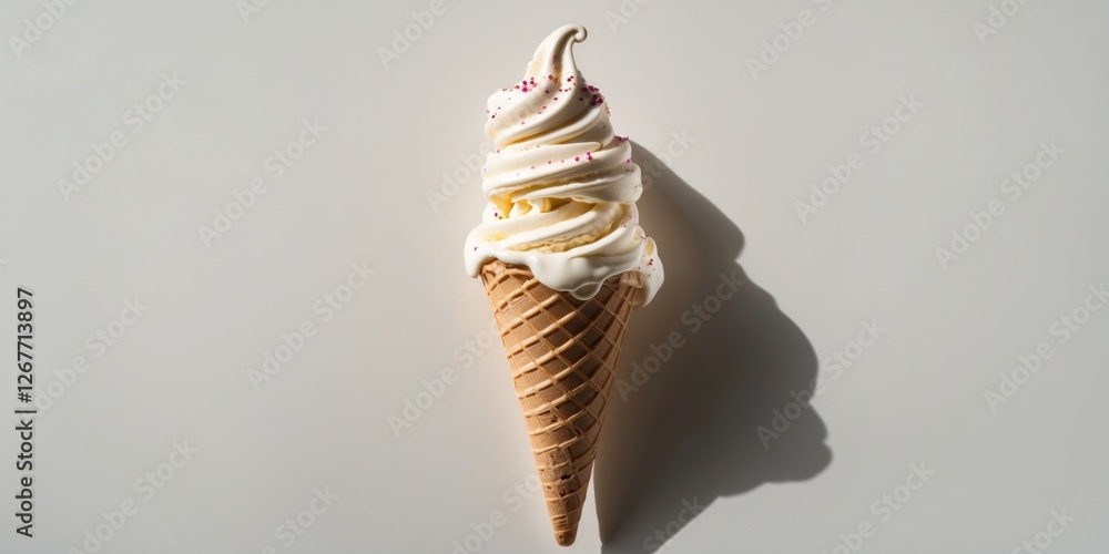 Poster ice cream cone with swirled vanilla soft serve and colorful sprinkles on top with a neutral backgrou