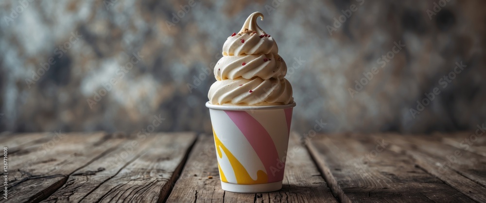 Poster soft serve ice cream in a paper cup on wooden table with blurred background copy space