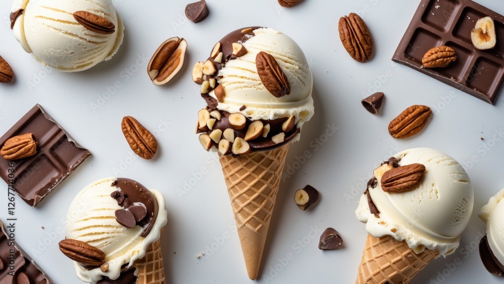 Poster scoops of vanilla and chocolate ice cream in cones with nuts and chocolate pieces on a white backgro