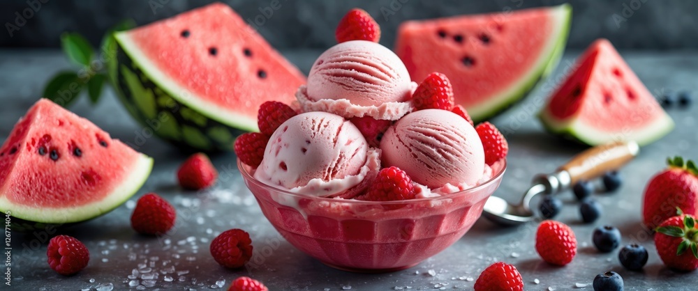 Aufkleber watermelon and raspberry ice cream in a bowl surrounded by fresh watermelon slices and berries on a 