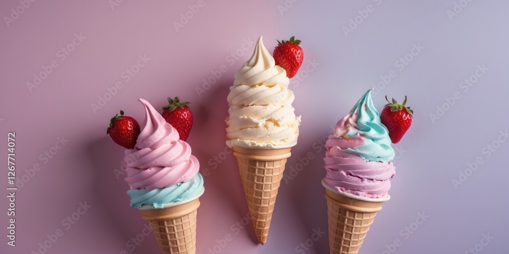 Poster three colorful ice cream cones with swirled toppings and fresh strawberries on a pastel background w