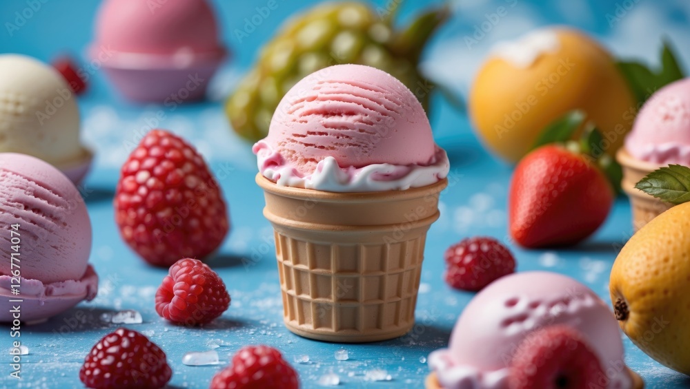 Poster ice cream cones with pink raspberry ice cream and assorted fresh berries on a blue background with c