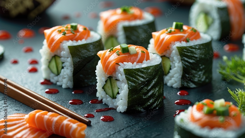 Poster fresh sushi rolls with salmon and cucumber on a dark slate background garnished with green onions an