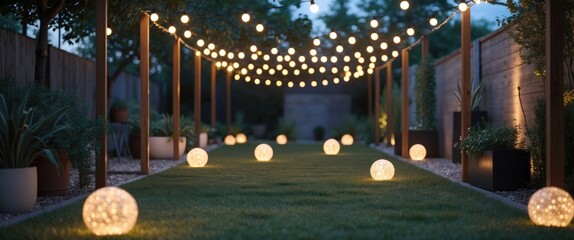 Naklejka premium Outdoor garden pathway illuminated by string lights and decorative globes at dusk with a lush green lawn and potted plants Copy Space
