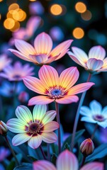 Fototapeta premium A stunning close-up of vibrant, glowing flowers in full bloom, illuminated with soft golden light. 