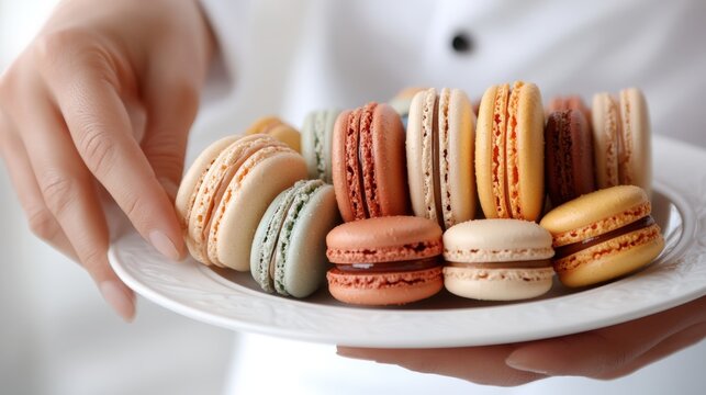 Close-up of waiter serving colorful macarons on a white plate in a bright setting - Powered by Adobe