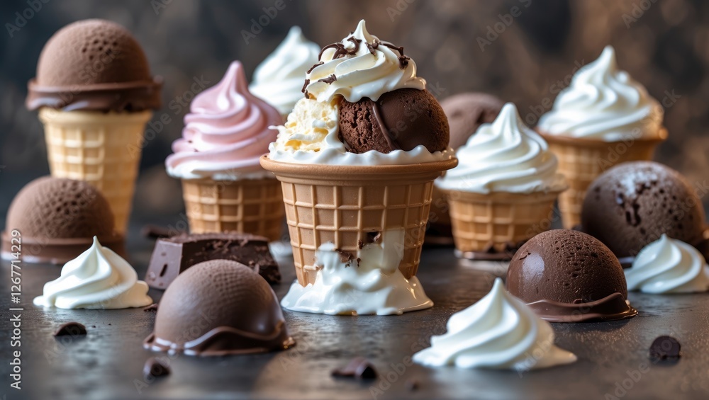 Aufkleber assorted ice cream cones and scoops with whipped cream and chocolate pieces on dark textured backgro