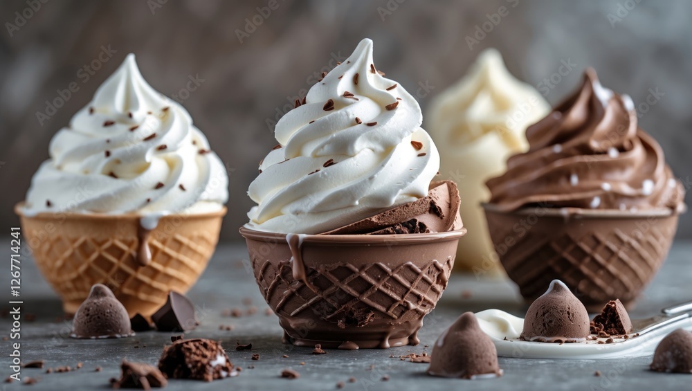 Poster ice cream cones with swirled soft serve vanilla and chocolate flavors topped with chocolate shavings