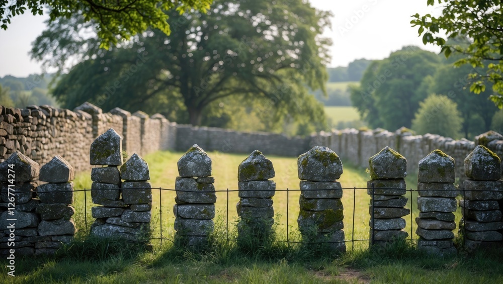 Poster stone fence with moss-covered posts in a green rural landscape during daytime with trees in the back