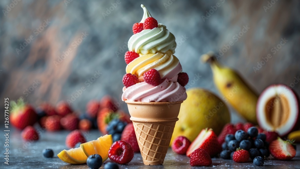 Poster ice cream cone with raspberry and yellow swirl ice cream surrounded by fresh fruits on a textured ba