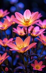 Fototapeta premium A stunning close-up of vibrant, glowing flowers in full bloom, illuminated with soft golden light. 