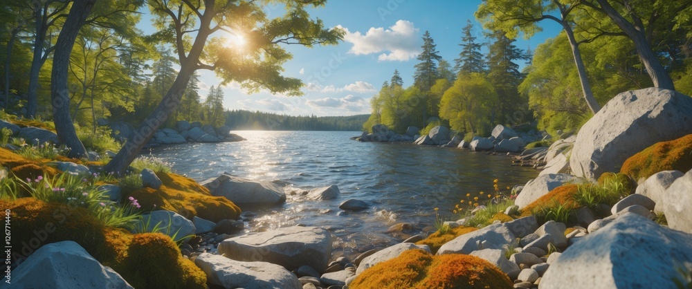 Poster scenic river landscape with trees and rocks illuminated by sunlight in a tranquil natural setting wi