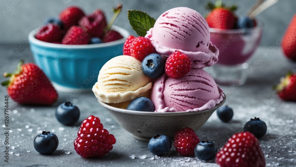 Poster ice cream scoops in a bowl with fresh raspberries and blueberries on a textured surface with additio