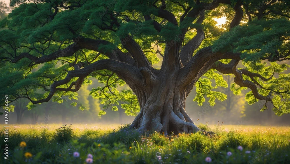 Poster majestic ancient tree with wide branching canopy and lush green leaves in a serene field at sunrise 