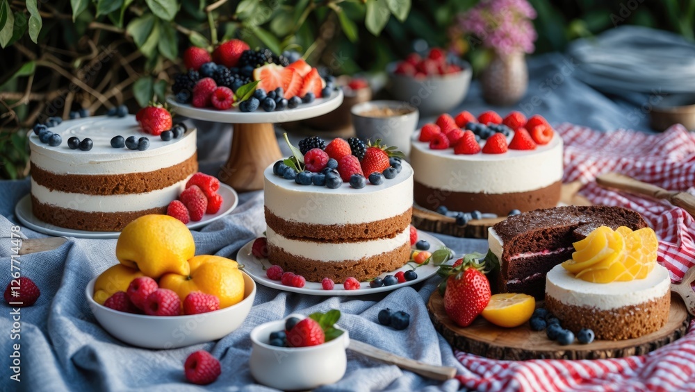 Poster assorted cakes with fresh fruits and berries on a table with decorative elements and copy space for 