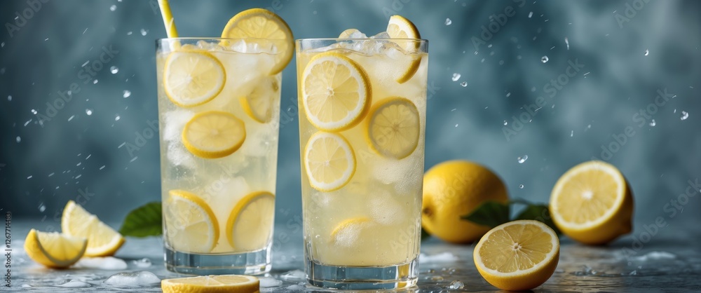 Poster fresh lemonade drinks with lemon slices and ice in glasses on a table with whole lemons and lemon sl