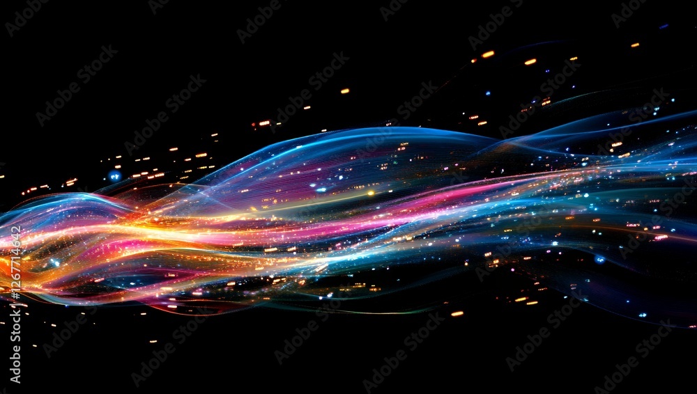 Poster abstract colorful light waves flowing dynamically across dark background