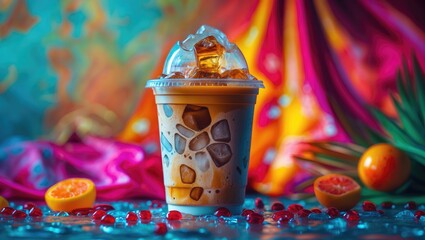 Fototapeta premium Colorful iced coffee beverage in clear cup with ice and decorative fruits on vibrant background with copy space