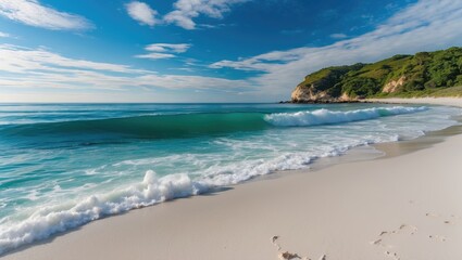 Obraz premium Tropical beach with gentle waves and clear blue sky at daytime coastal landscape with green hills in background Copy Space