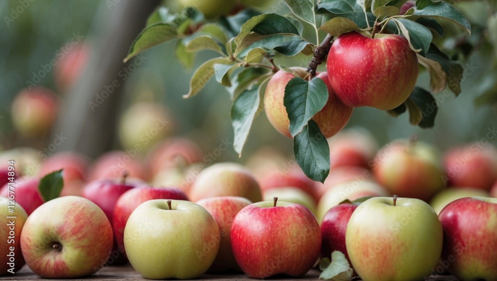 Poster red and green apples on a wooden table with apple tree branches in the background copy space