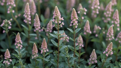 Fototapeta premium Close-up of blooming heather flowers in a field with green foliage and soft pink blossoms Copy Space