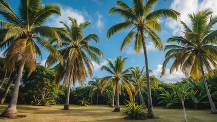 Fototapeta premium Tropical landscape with tall palm trees against a clear blue sky in a sunny green garden setting with open space for text copy space