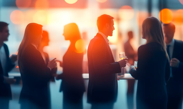 A vibrant networking event with business professionals engaging in conversation, blurred figures creating a sense of motion and activity