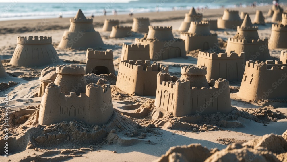Poster sandcastles on a beach with ocean waves in the background showcasing various intricate designs and s