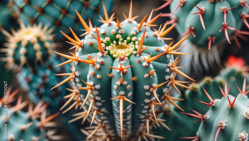 Poster close-up view of a colorful cactus with long spines and small white bumps against a blurred backgrou
