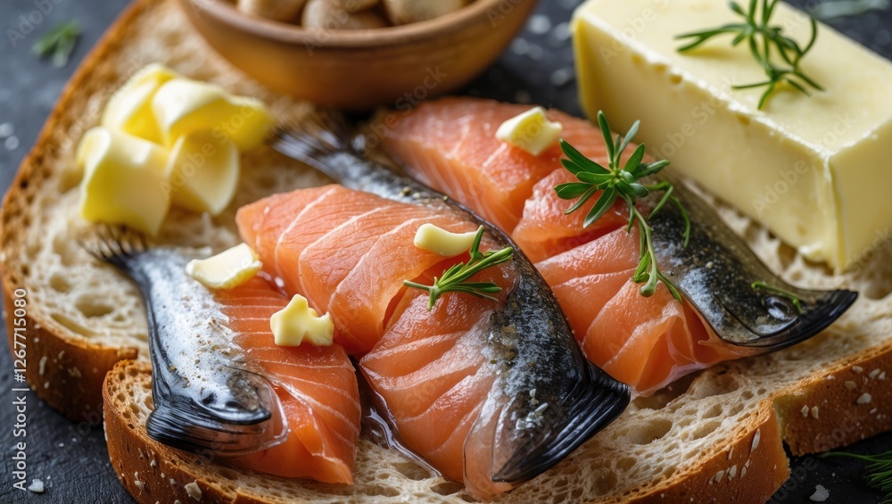 Aufkleber freshly sliced salmon fillets on rustic bread with butter and herbs arranged on a dark surface with 