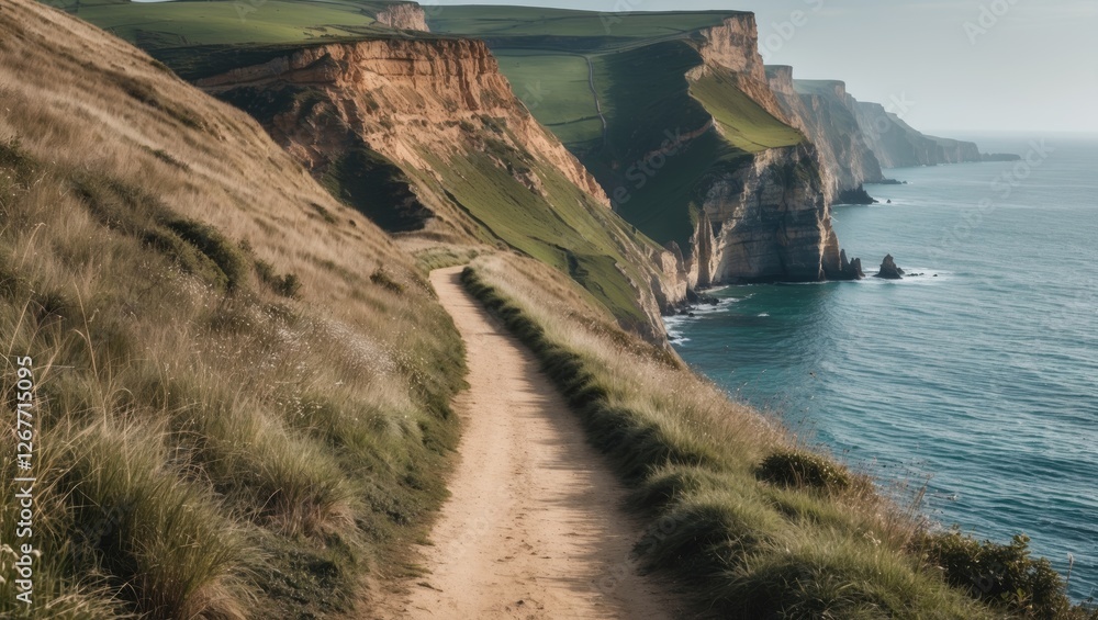 Poster coastal path along rugged cliffs overlooking the ocean with grassy terrain and clear sky in the back